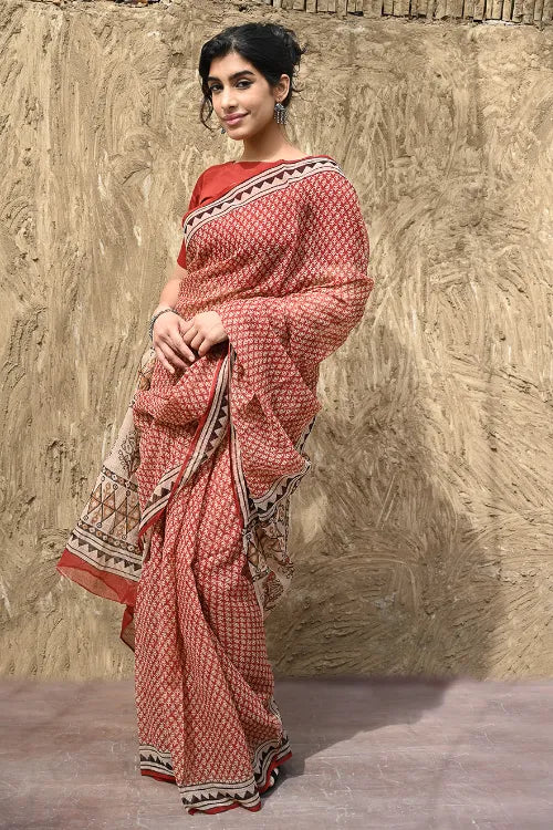 Bagru Statements : Hand Block Printed Kota Doria Saree - Mitti Riwaayat