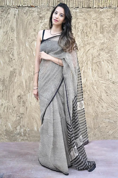 Bagru Statements : Hand Block Printed Kota Doria Saree - Chevron Neutrals