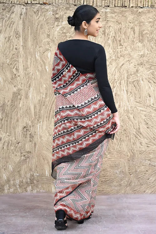 Bagru Statements : Hand Block Printed Kota Doria Saree - Bold Zigzags