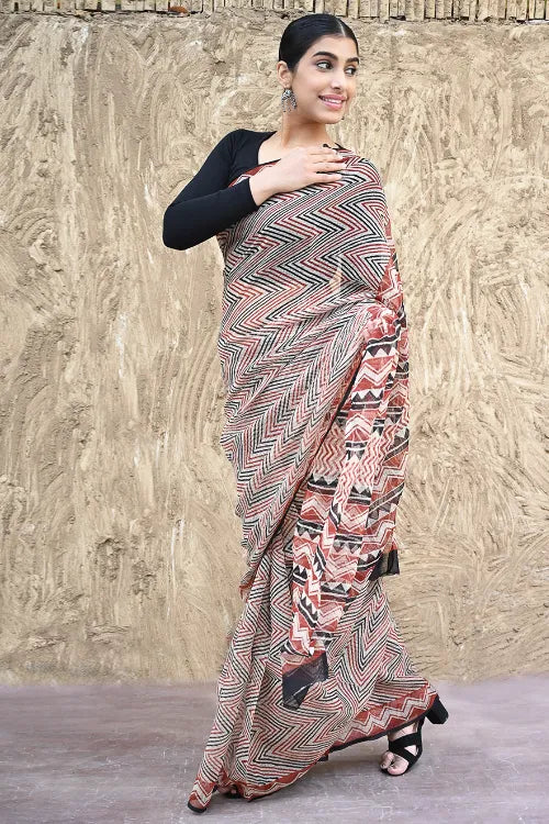Bagru Statements : Hand Block Printed Kota Doria Saree - Bold Zigzags