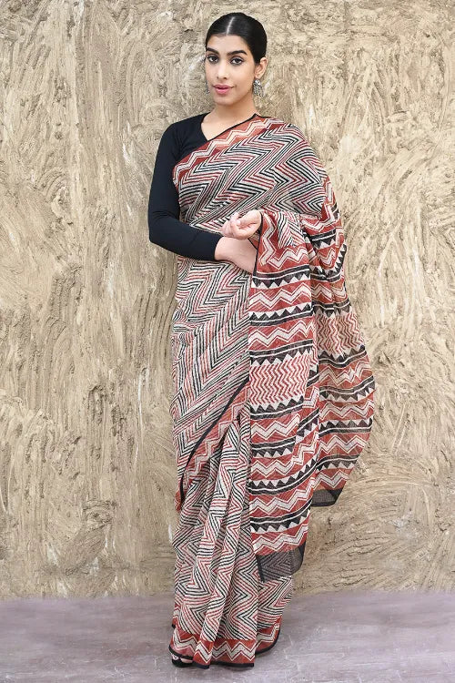 Bagru Statements : Hand Block Printed Kota Doria Saree - Bold Zigzags