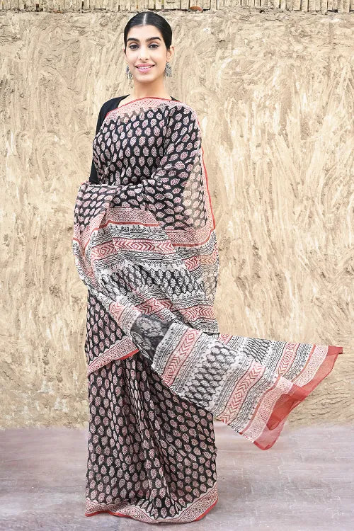 Bagru Statements : Hand Block Printed Kota Doria Saree - Kairi Angan