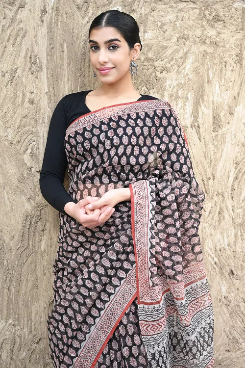 Bagru Statements : Hand Block Printed Kota Doria Saree - Kairi Angan