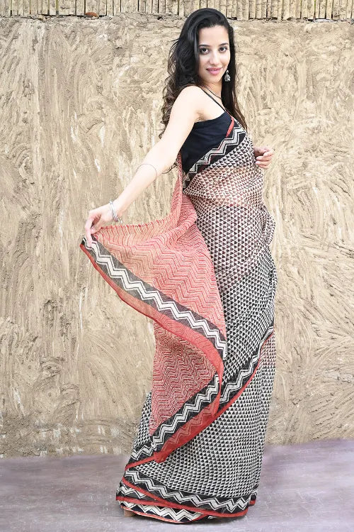 Bagru Statements : Hand Block Printed Kota Doria Saree - A Triangle Story