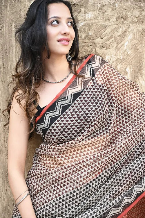 Bagru Statements : Hand Block Printed Kota Doria Saree - A Triangle Story
