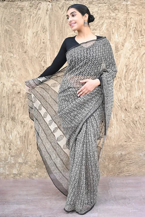 Bagru Statements : Hand Block Printed Kota Doria Saree - A Palace Courtyard