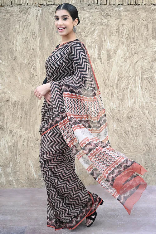 Bagru Statements : Hand Block Printed Kota Doria Saree - Leher Mitti