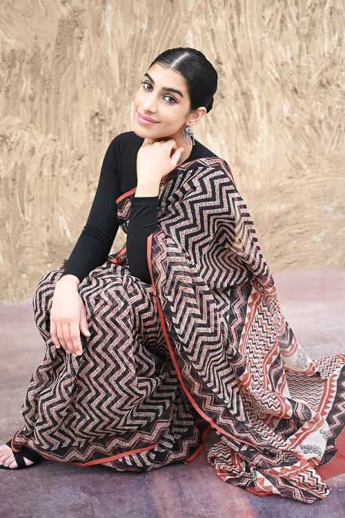 Bagru Statements : Hand Block Printed Kota Doria Saree - Leher Mitti