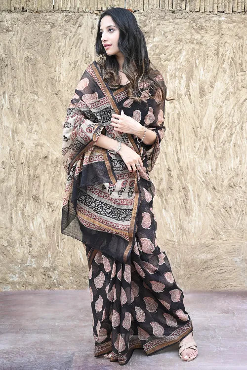 Bagru Statements : Hand Block Printed Kota Doria Saree - Bold Paisleys