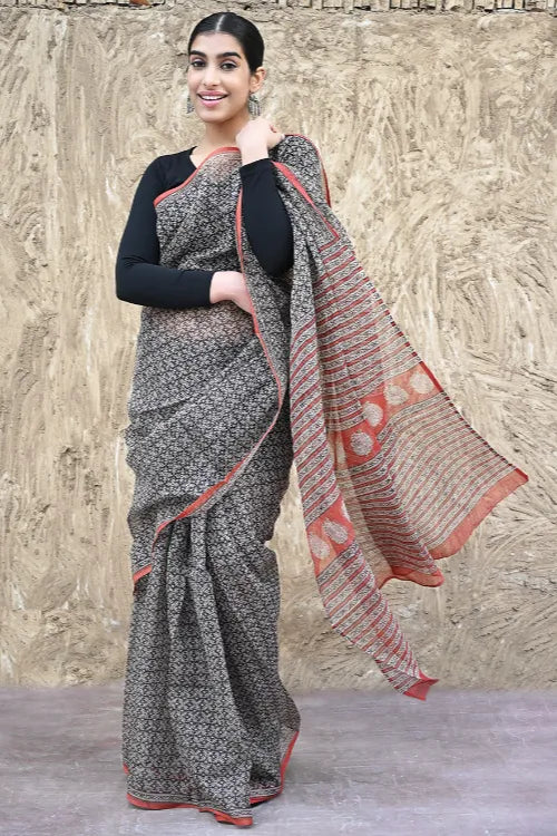 Bagru Statements : Hand Block Printed Kota Doria Saree - Zariya Baagh
