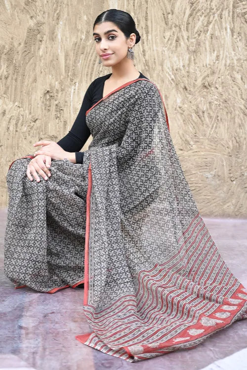 Bagru Statements : Hand Block Printed Kota Doria Saree - Zariya Baagh