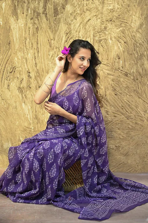 Dabu Vibes : Hand Block Printed Kota Doria Saree - Purple Hues