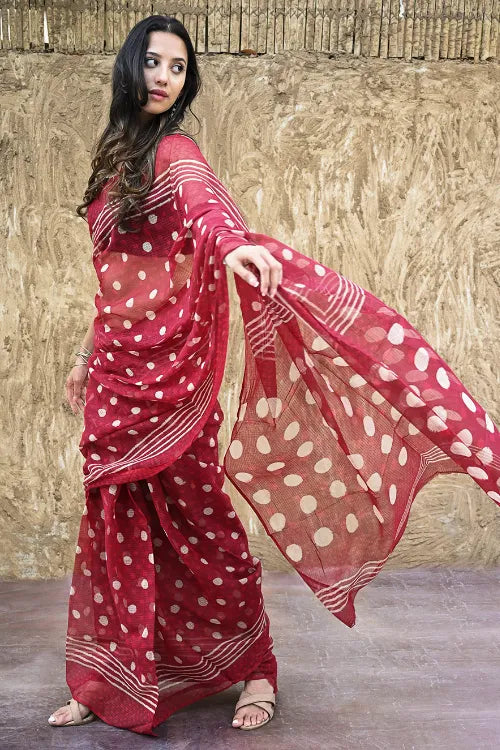 Dabu Vibes : Hand Block Printed Kota Doria Saree - Laal Bindiya