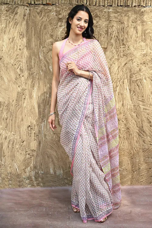 Sanganer Summers : Hand Block Printed Kota Doria Saree - Gulabi Jaal