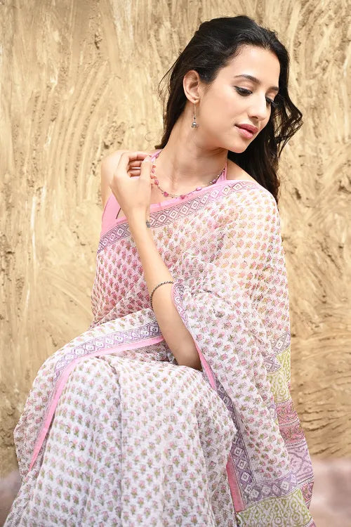 Sanganer Summers : Hand Block Printed Kota Doria Saree - Gulabi Jaal