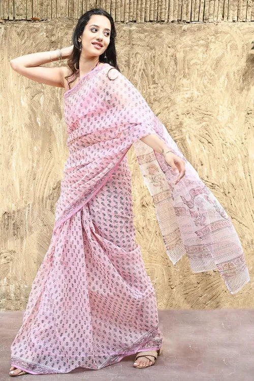 Sanganer Summers : Hand Block Printed Kota Doria Saree - Baby Blush Pink
