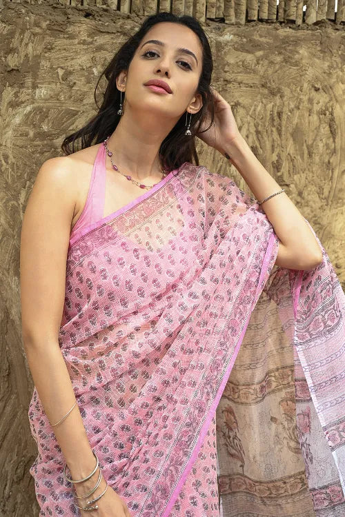 Sanganer Summers : Hand Block Printed Kota Doria Saree - Baby Blush Pink