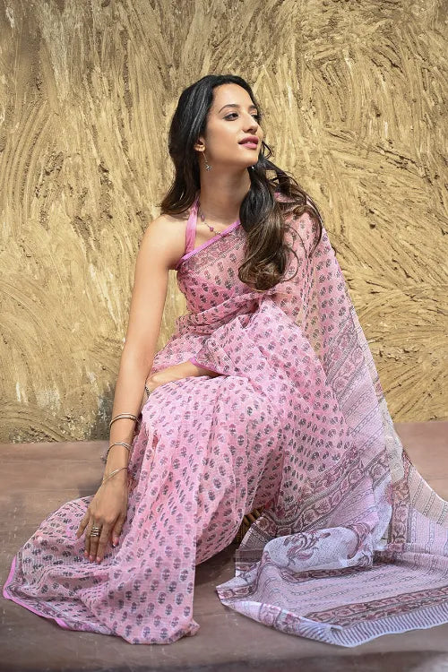 Sanganer Summers : Hand Block Printed Kota Doria Saree - Baby Blush Pink