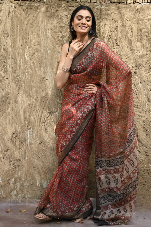 The ICH Bagru Statements : Hand Block Printed Silk Kota Doria Saree - Kesar Baag