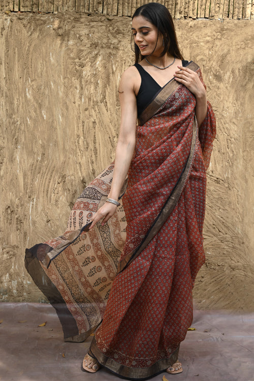 The ICH Bagru Statements : Hand Block Printed Silk Kota Doria Saree - Kesar Baag