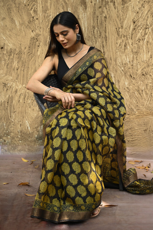 The ICH Bagru Statements : Hand Block Printed Silk Kota Doria Saree - Sunehri Baag