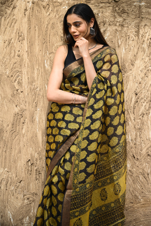 The ICH Bagru Statements : Hand Block Printed Silk Kota Doria Saree - Sunehri Baag