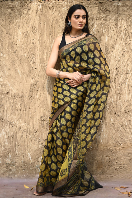 The ICH Bagru Statements : Hand Block Printed Silk Kota Doria Saree - Sunehri Baag