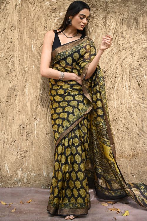The ICH Bagru Statements : Hand Block Printed Silk Kota Doria Saree - Sunehri Baag