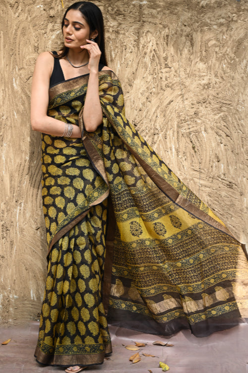 The ICH Bagru Statements : Hand Block Printed Silk Kota Doria Saree - Sunehri Baag