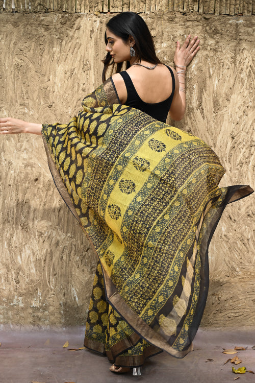 The ICH Bagru Statements : Hand Block Printed Silk Kota Doria Saree - Sunehri Baag