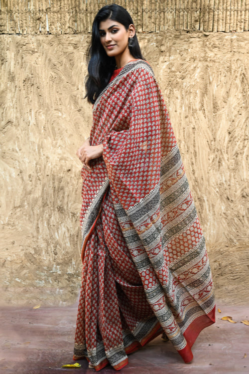 The ICH Bagru Statements : Hand Block Printed Chanderi Saree - Rajrekha