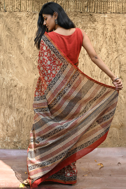 The ICH Bagru Statements : Hand Block Printed Chanderi Saree - Pushpa Jaal