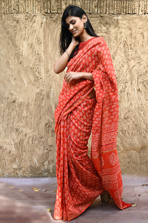 The ICH Dabu Vibes : Hand Block Printed Chanderi Saree - Agni Pallav
