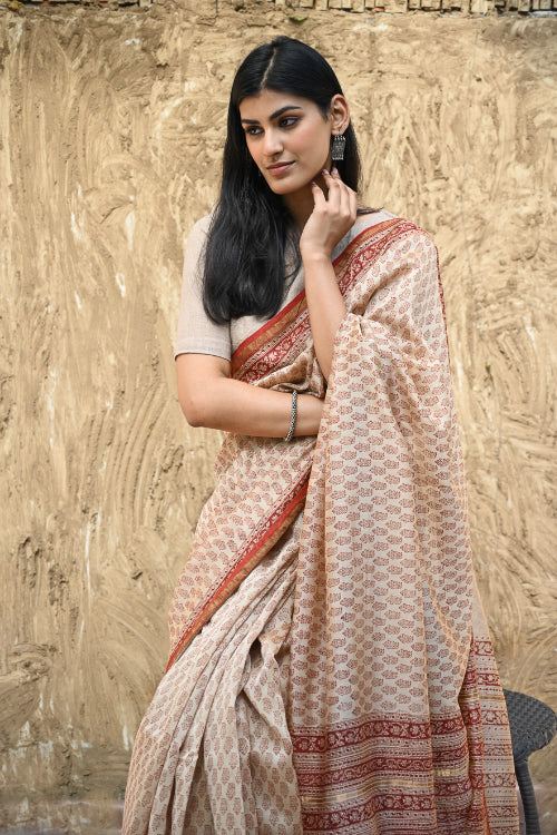 The ICH Bagru Statements : Hand Block Printed Chanderi Saree - Chand Phool Buti