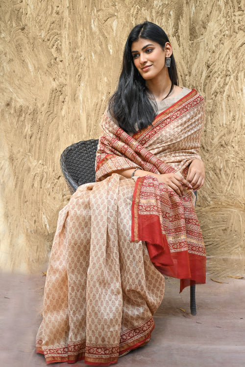 The ICH Bagru Statements : Hand Block Printed Chanderi Saree - Chand Phool Buti
