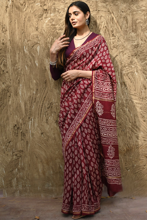 The ICH Bagru Statements : Hand Block Printed Chanderi Saree - Maruva Patra