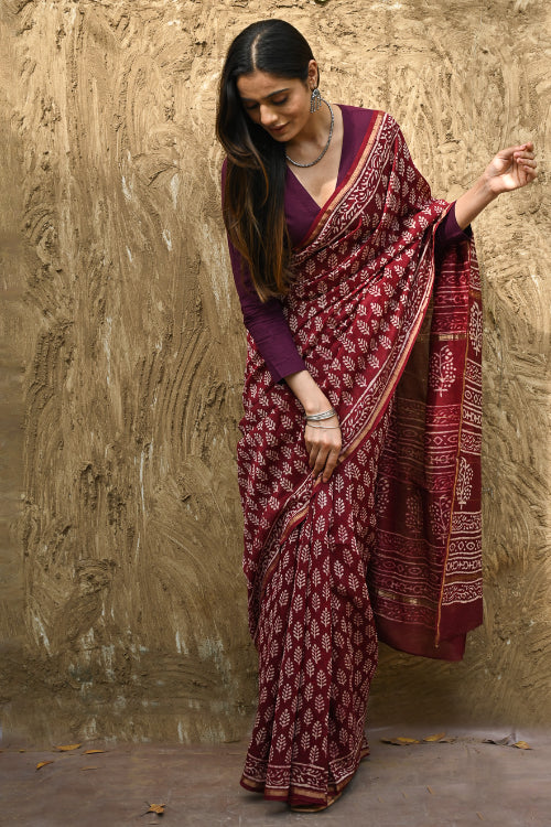 The ICH Bagru Statements : Hand Block Printed Chanderi Saree - Maruva Patra