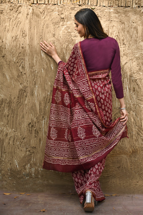 The ICH Bagru Statements : Hand Block Printed Chanderi Saree - Maruva Patra