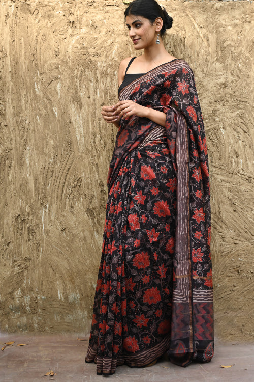 The ICH Bagru Statements : Hand Block Printed Chanderi Saree - Pushp Vana