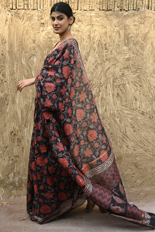 The ICH Bagru Statements : Hand Block Printed Chanderi Saree - Pushp Vana