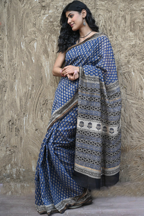 The ICH Bagru Statements : Hand Block Printed Chanderi Saree - Neel Tarang