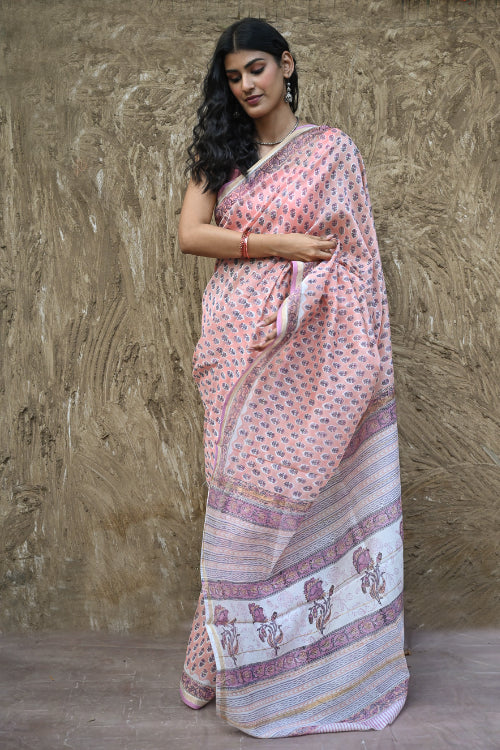 The ICH Sanganer Summers : Hand Block Printed Chanderi Saree - Pink Pushpa