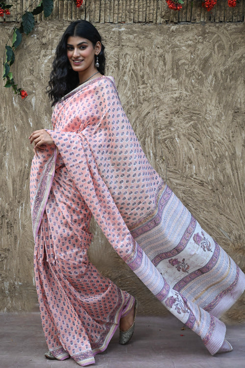 The ICH Sanganer Summers : Hand Block Printed Chanderi Saree - Pink Pushpa
