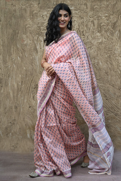 The ICH Sanganer Summers : Hand Block Printed Chanderi Saree - Pink Pushpa