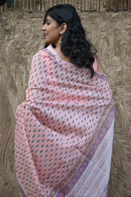 The ICH Sanganer Summers : Hand Block Printed Chanderi Saree - Pink Pushpa