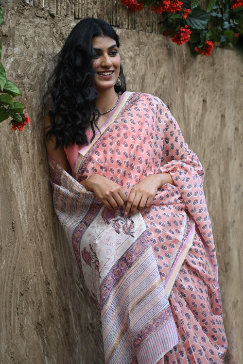 The ICH Sanganer Summers : Hand Block Printed Chanderi Saree - Pink Pushpa