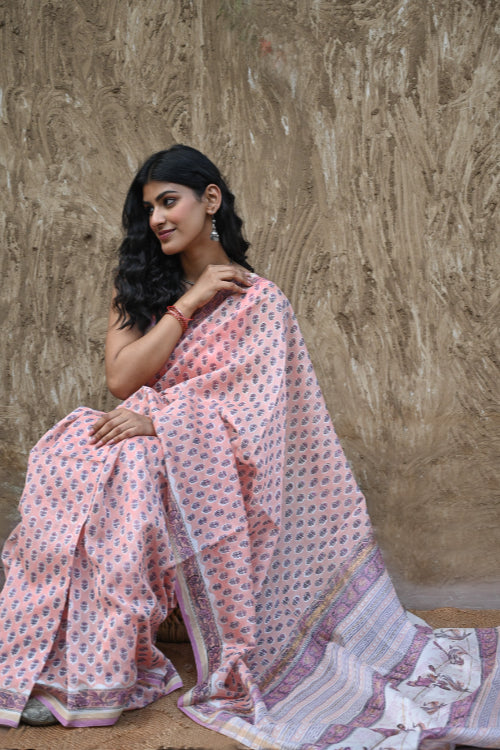 The ICH Sanganer Summers : Hand Block Printed Chanderi Saree - Pink Pushpa