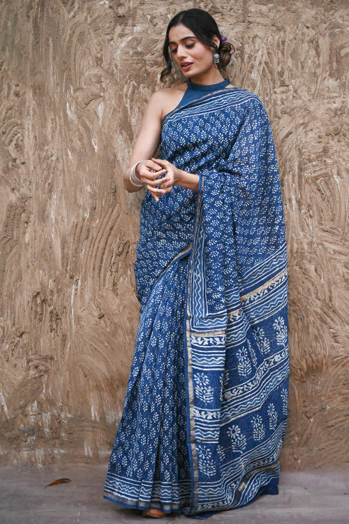 The ICH Dabu Vibes : Hand Block Printed Chanderi Saree - Neel Buti