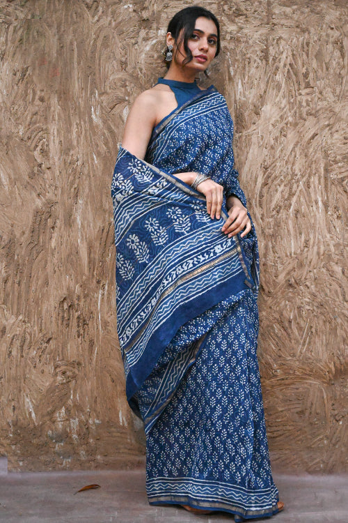 The ICH Dabu Vibes : Hand Block Printed Chanderi Saree - Neel Buti