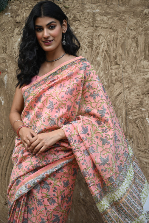 The ICH Sanganer Summers : Hand Block Printed Chanderi Saree - Gulnaar